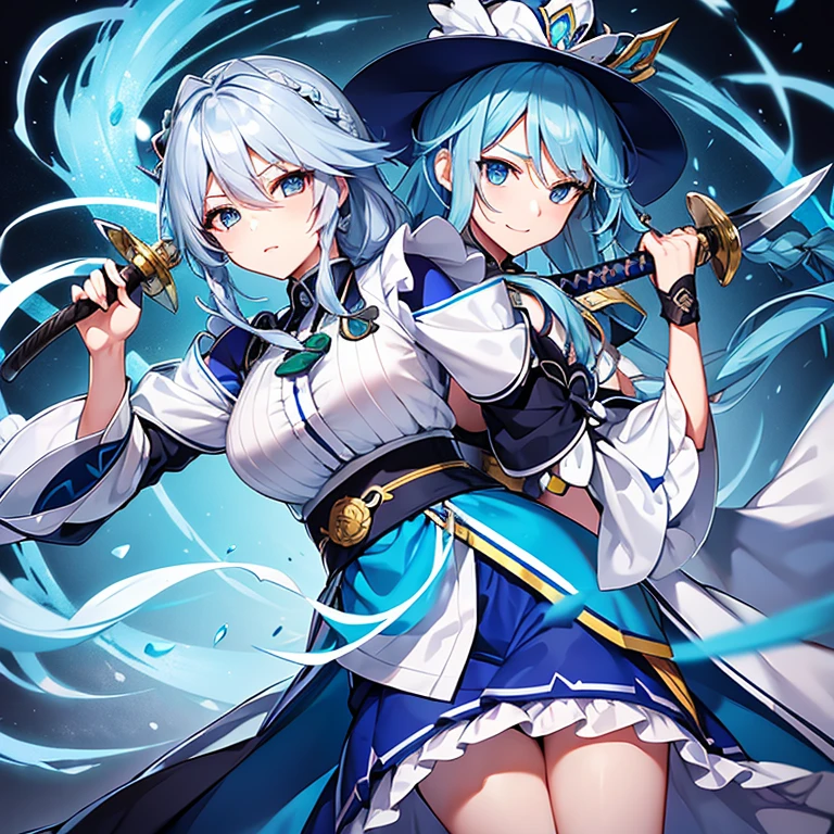 (Snake King Kaira),男性1 person,Blue-haired,semi-long,Bouncing hair,kimono,have a sword,blue eyes,woman next to me{(Sakuya Izayoi)silver hair,Braid,navy maid uniform,white ruffles,white brim on head,have a knife}1 person