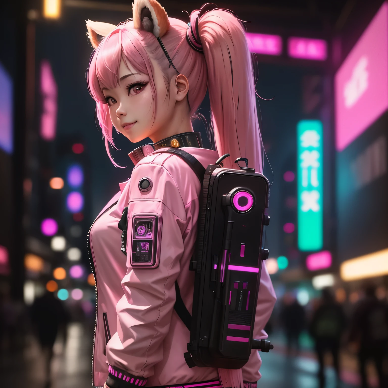 (8k, HDR, RAW photo, best quality, masterpiece:1.2, realistic lighting), backside view, rear view, an asian girl, solo, smile, (holding a gun), (twintail hair), pink hair, path traced hair, (pink racoon ears), ((pink eyes)), pink headset, nice hands, (thin face), beauty eyes, (cyberpunk:1.3), wearing a pink jacket, mechanical shoulder, neon light, edge lights, look up, upper body.