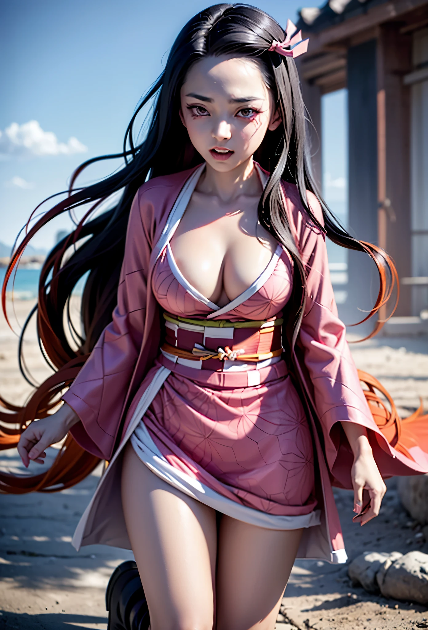 1girl Nezuko Kamado, Breasts, Pussy, Sexy Body Hot, Pink Eyes, Demon Slayer, Reallistic, 8k,Black Orange Hair, Sex Posse, Bite Bamboo