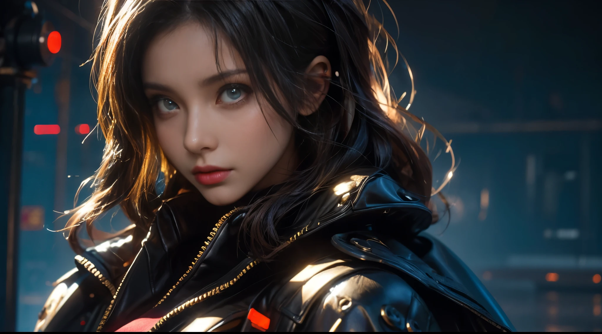masterpiece,filmposter,Best quality,official art,(Beauty and aesthetics:1.2),(masterpiece:1.3),The cities of the future,cyberpunk characters,a girl,Sexy leather clothing,Off the shoulders,looking at camera,(Close-up shot:1.8),volume fog,rain,night,drama