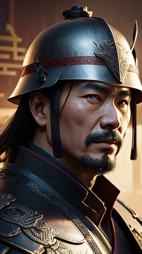 oriental、man in ancient chinese armor、Ancient Chinese man wearing a leather helmet、three kingdom、multiple warlords、highest quality、masterpiece、Super high resolution、(photorealistic:1.4)、Game Posters、Clear and beautiful image quality、
