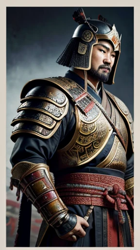 oriental、man in ancient chinese armor、Ancient Chinese man wearing a leather helmet、three kingdom、multiple warlords、highest quality、masterpiece、Super high resolution、(photorealistic:1.4)、Game Posters、Clear and beautiful image quality、