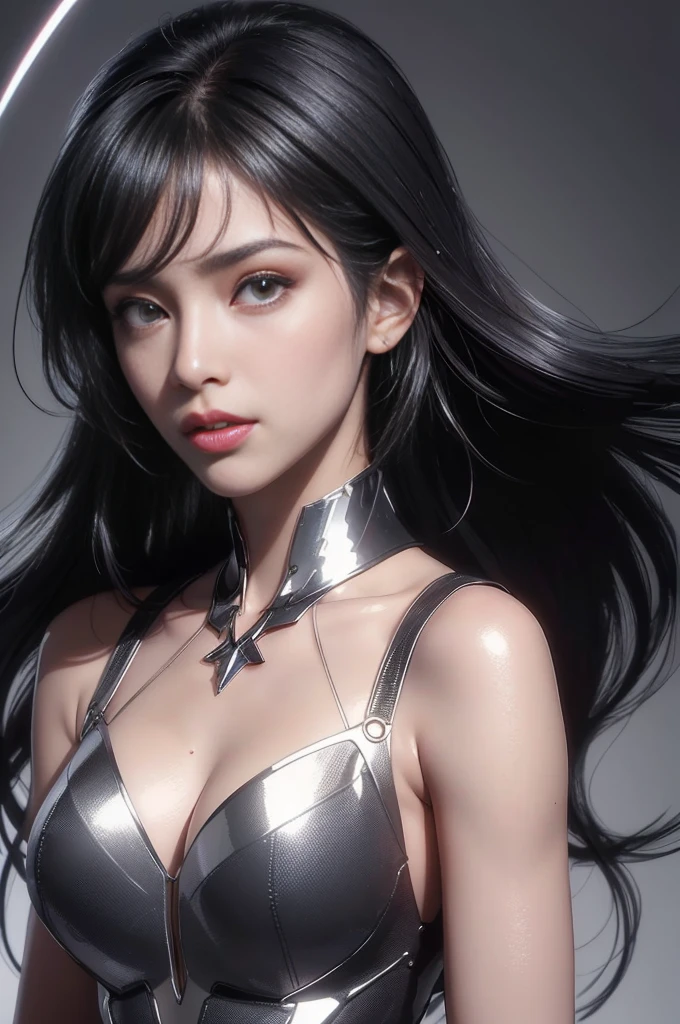 8K, Raw photo, realistic: 1.25), (lip gloss, eyelash, shiny face, Glossy skin, highest quality, ultra high resolution, Depth of the bounds written, chromatic aberration, caustics, Moisturized lips, Ultra cropped face, Shining Detail Eyes, black hair, semi-long, Snazzy, Tight knit dresses, Transparent breasts