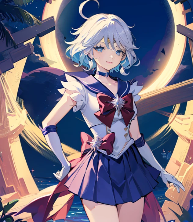 (masterpiece、highest quality:1.2), solo, 1 girl, Sailor Saturn, Magical girl, smile, view audience, put your hands on your hips, Tierra, Sailor Senshi Uniform, pleated skirt, elbowgloves, gem, brooch, choker、night、star、full moon、