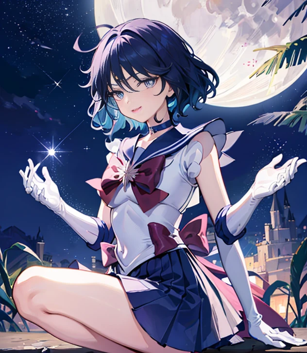 (masterpiece、highest quality:1.2), solo, 1 girl, Sailor Saturn, Magical girl, smile, view audience, put your hands on your hips, Tierra, Sailor Senshi Uniform, pleated skirt, elbowgloves, gem, brooch, choker、night、star、full moon、