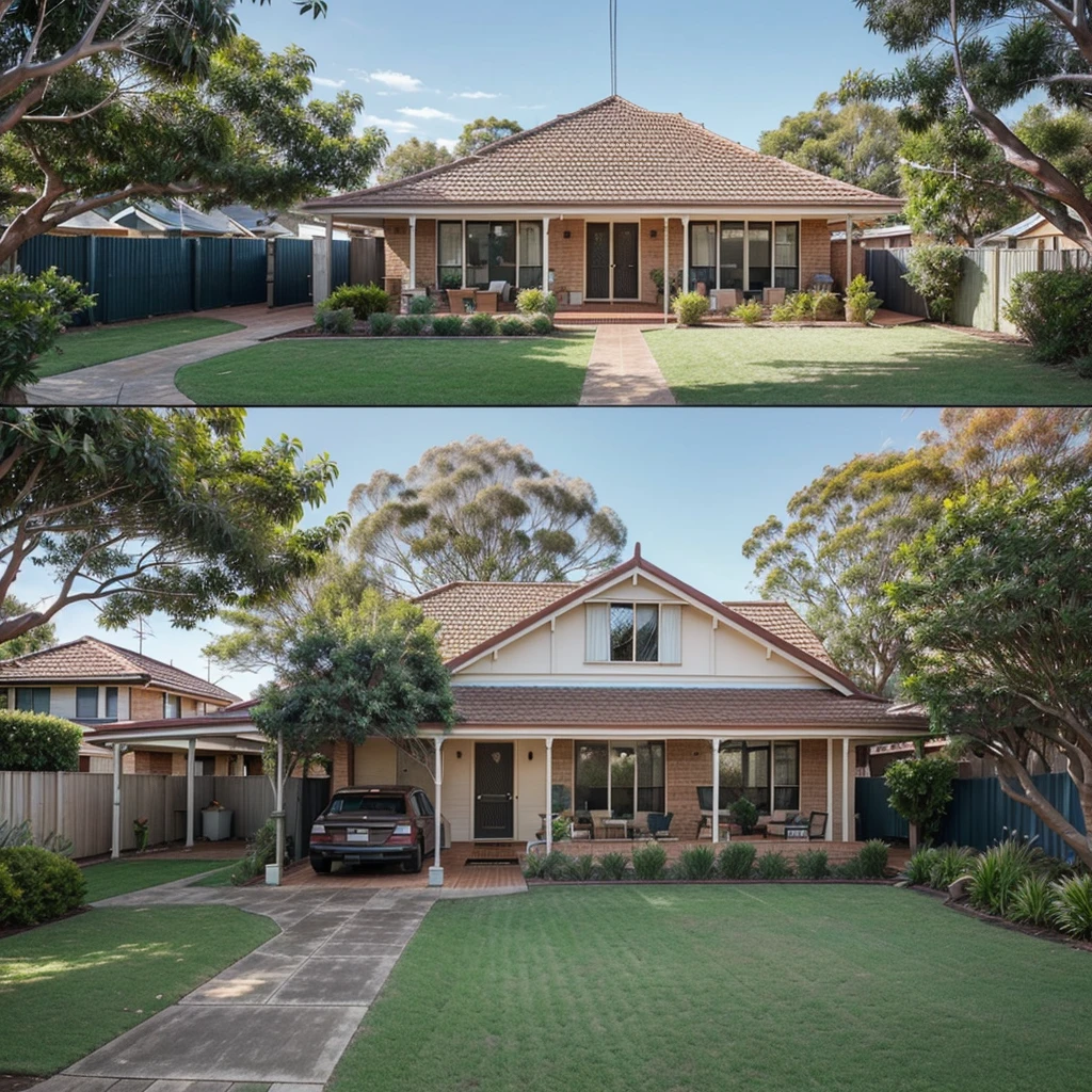 Generate an image of a suburban Australian home. The house should have a typical Australian architectural style with a pitched roof, brick or weatherboard exterior, and a front yard with a well-maintained garden.