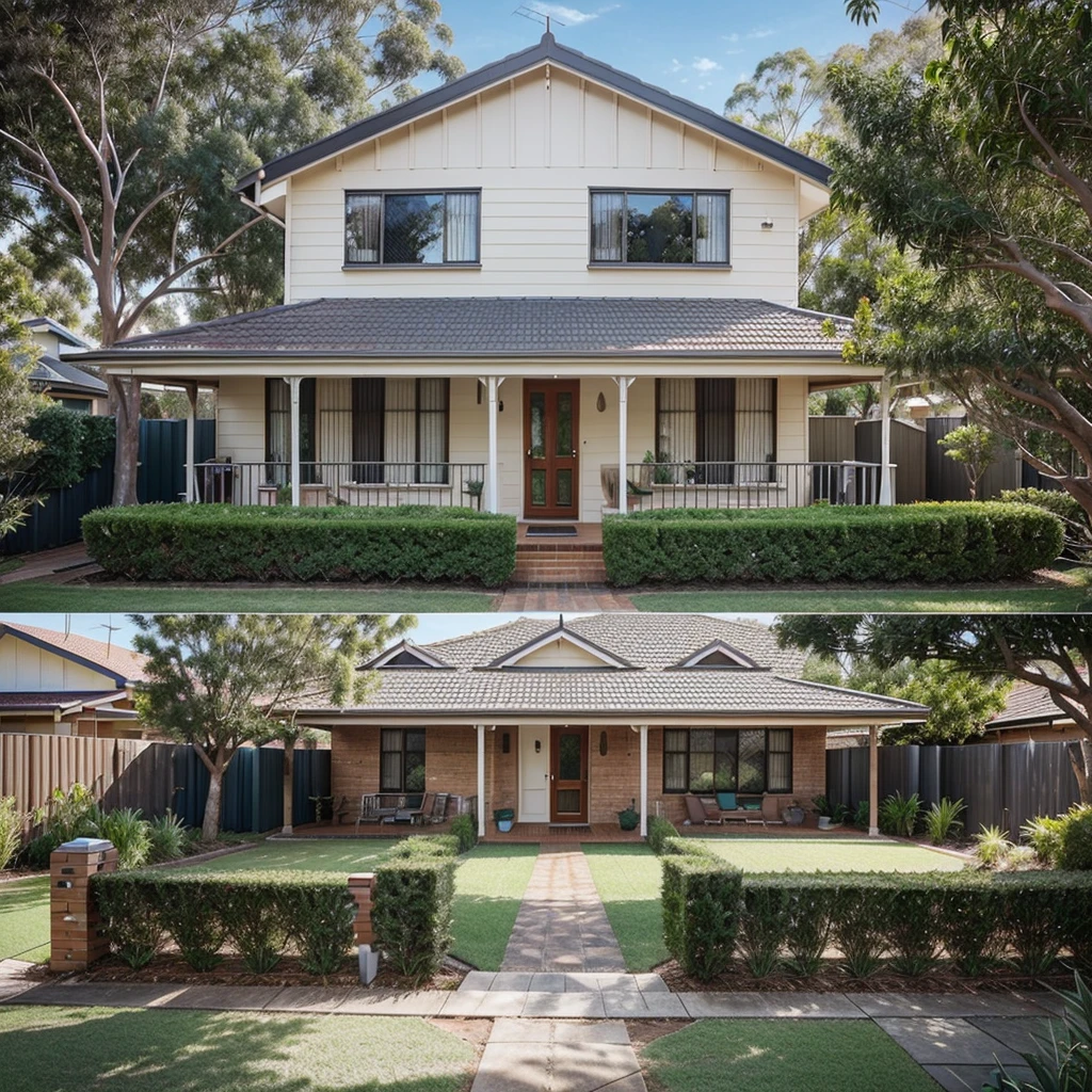 Generate an image of a suburban Australian home. The house should have a typical Australian architectural style with a pitched roof, brick or weatherboard exterior, and a front yard with a well-maintained garden.