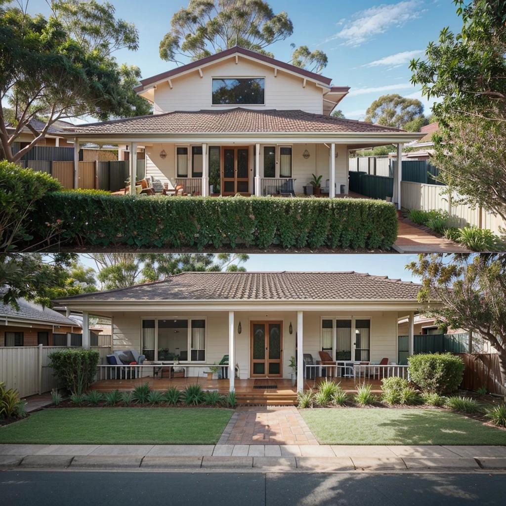 Generate an image of a suburban Australian home. The house should have a typical Australian architectural style with a pitched roof, brick or weatherboard exterior, and a front yard with a well-maintained garden.