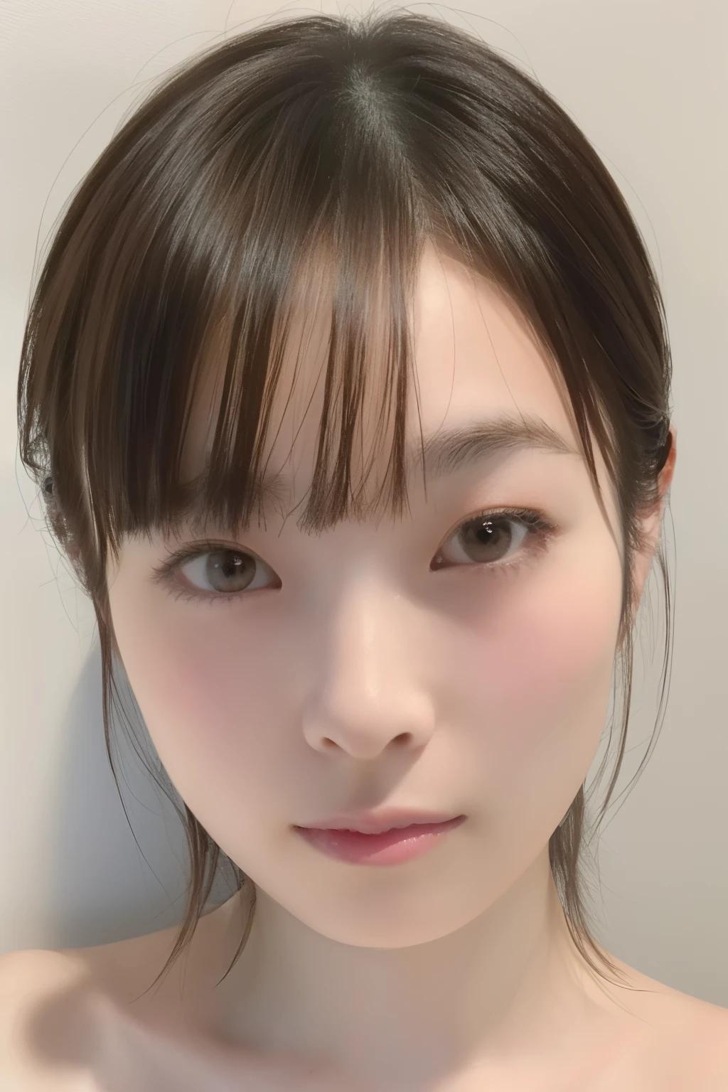 incredibly absurd, beautiful and cute 20-year-old Korean girl with a photorealistic face, showcasing top-quality craftsmanship. Her slender frame adorned with short, messy hair. The artwork high-resolution, allowing for ultra-detailed features to be captured flawlessly. The girl depicted naked. The focus lies on the realistic pupils, showcasing depth and emotion. ((breasts out))