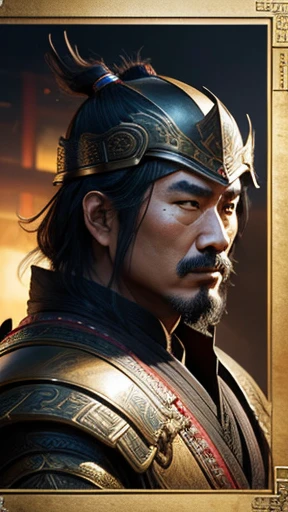 oriental、man in ancient chinese armor、Ancient Chinese man wearing a leather helmet、three kingdom、multiple warlords、highest quality、masterpiece、Super high resolution、(photorealistic:1.4)、Game Posters、Clear and beautiful image quality、