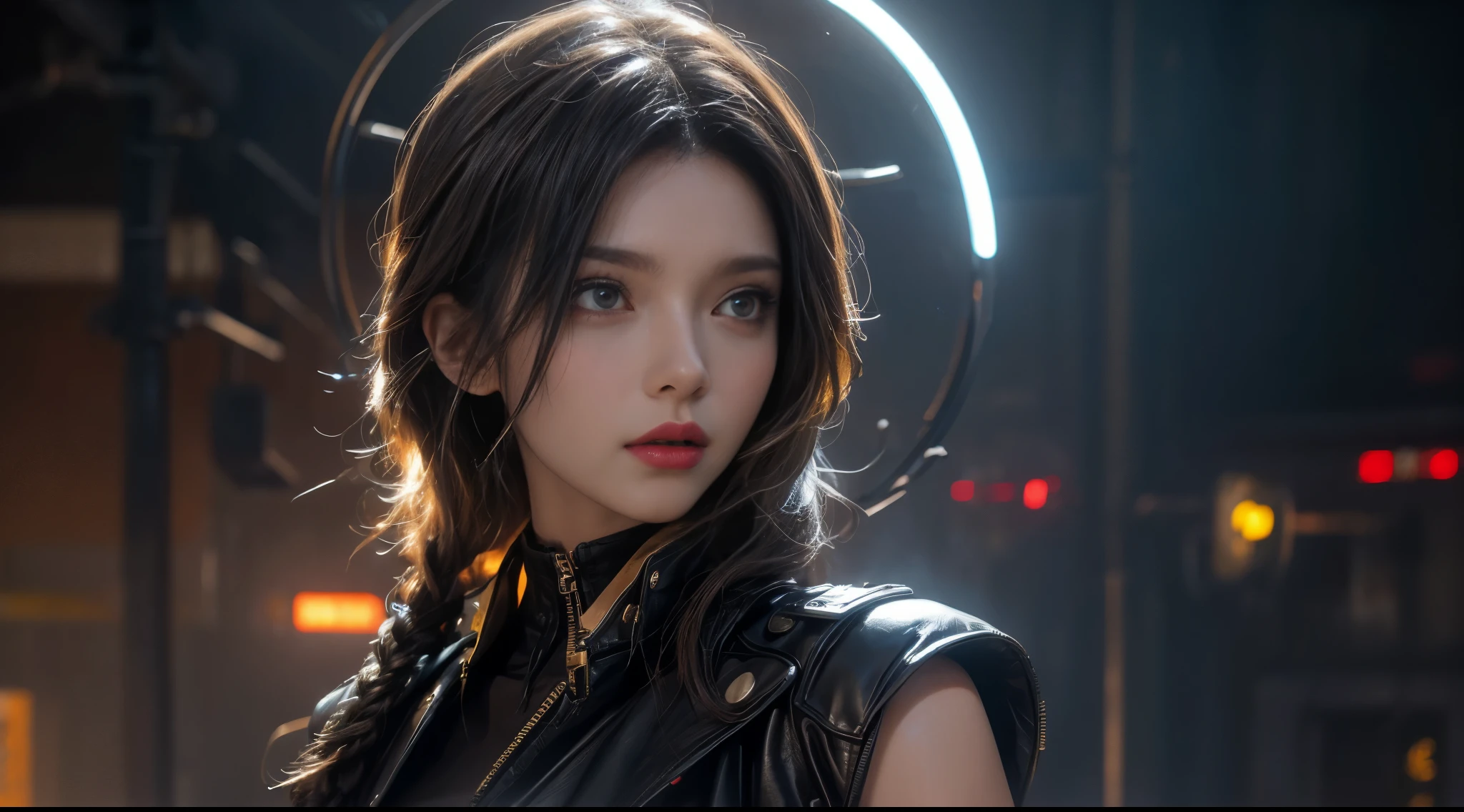 masterpiece,filmposter,Best quality,official art,(Beauty and aesthetics:1.2),(masterpiece:1.3),The cities of the future,cyberpunk characters,a girl,Sexy leather clothing,Off the shoulders,looking at camera,(Close-up shot:1.8),volume fog,rain,night,drama