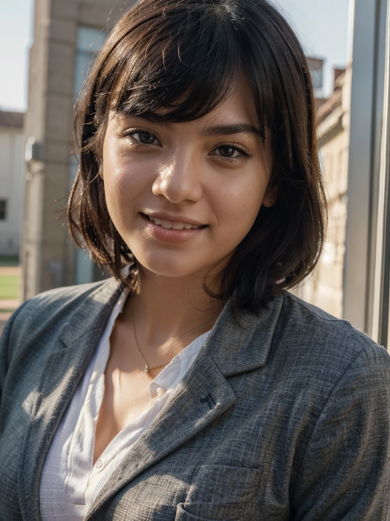 (top-quality,8K picture quality,​masterpiece:1.3),(A high resolution,Photorealsitic:1.4,Raw photography),(ultra-detailliert,Caustics,Detailed background),(Ultra-realistic capture,Beautifully detailed skin,perfect anatomia),at the sunset,Sunset sky,school buildings,school ground,18year old ,Kawaii,Single eyelid,Black hair short messy ,School Blazer Uniform,Looking at the camera,A smile,Bust-up shot,natural soft light
