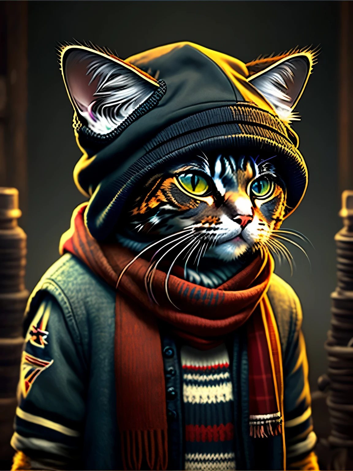 Photo of a cat wearing a hat and scarf, Trendy Art Station, Wear punk clothes, Ultra-realistic rendering of details, british gangster,  style, Intimidating posture, planet of cats, chics clothes,  warrior, meow, West Slavic characteristics, 8 1 5