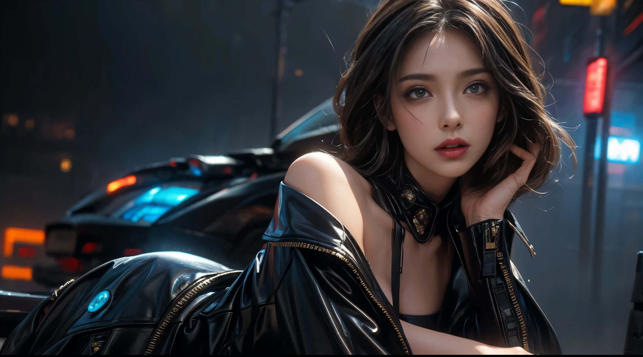 original photo, (best quality:1.3), high resolution, (masterpiece), (lifelike:1.4), Professional photography, sharp focus, high dynamic range, 8K resolution, intricate details, Exquisite details, depth of field, Extremely detailed CG unified 8k wallpaper, masterpiece,movie poster,best quality,official art,(Beauty and aesthetics:1.2),(masterpiece:1.3),The cities of the future,cyberpunk characterar,a girl,Leather jacket,Off the shoulders,No underwear,looking at camera,(medium focal length lens:1.8),volumetric fog,rain,night,drama
