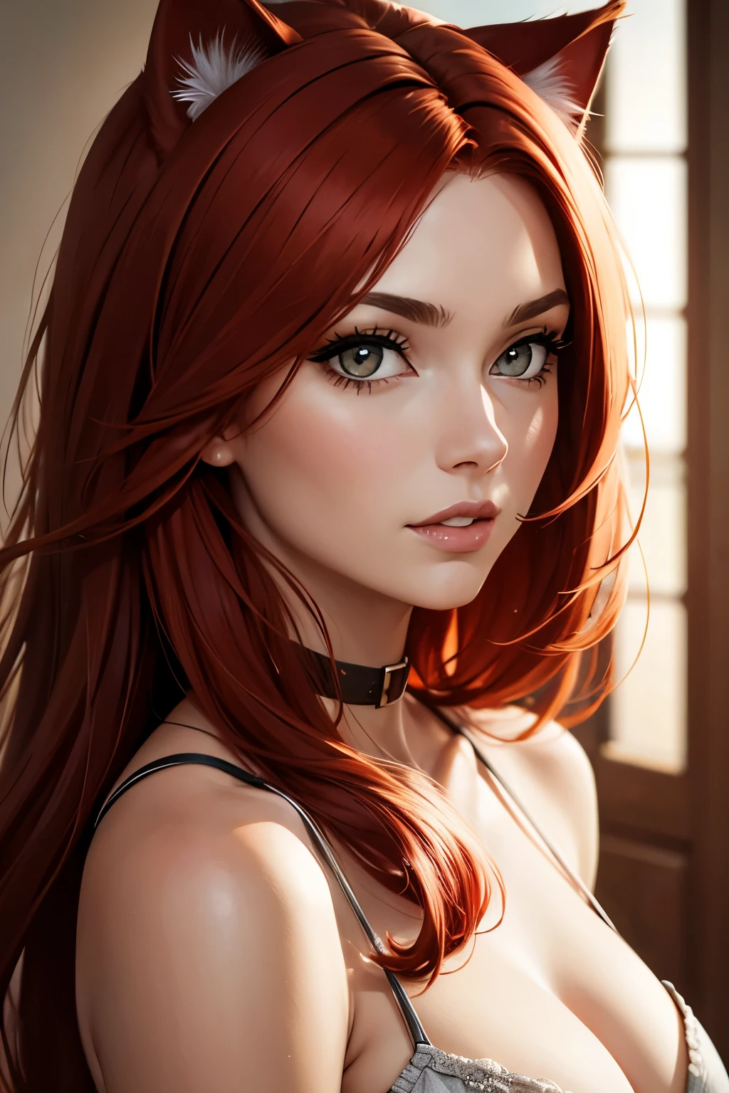 woman with feline features red hair