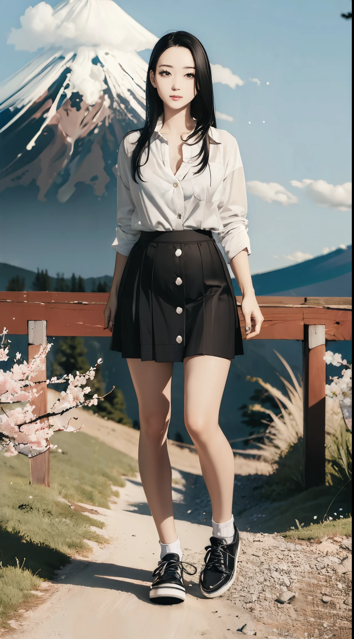 ((Beautiful 35_year_old japanese_woman with pale skin):1.5), ((long_black_hair):2), ((japanese_woodlands):1), ((sagging_breasts):1.8), ((breasts_apart):1.5), ((wearing loose_long_skirt and white_button_up_shirt and black_shoes):2), ((full_body_photo):2), (smooth_skin), (perfect_fingers), ((better_eyes):1.2), ((bright_sunlight):1), ((perfect_face):2), ((beautiful_face):1.8), ((feminine_face):1.8), ((grassy_plain and cumulus_clouds):1), ((mount_fuji in distance and sakura_tree_blossoms):1.3), ((perfect_body):2), ((perfect_hands):1.2), ((best_quality):1.6), (perfect_fabric):1.2), ((Masterpiece):1.6), ((Hyper_Realism):1.4), ((perfect_pose):1.2)