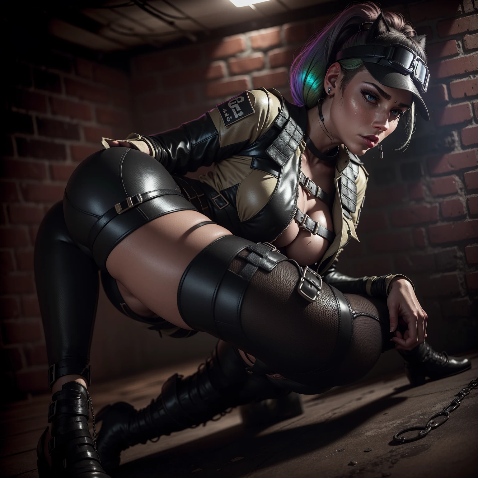 sexy ela_(rainbow_six_siege) captured, in captivity, tied up, handcuffed, chained, bdsm, nina bodysuit, leather sexy cat bodysuit, full bodysuit, full body swimsuit, wet body, sweating, stockings, latex miniskirt, high heels, high boots, full body picture, shot from behind, inside dungeon cell at night background, ponytail, symmetrical face, very detailed face features, beautiful face, face makeup, beautiful eye makeup, lipstick