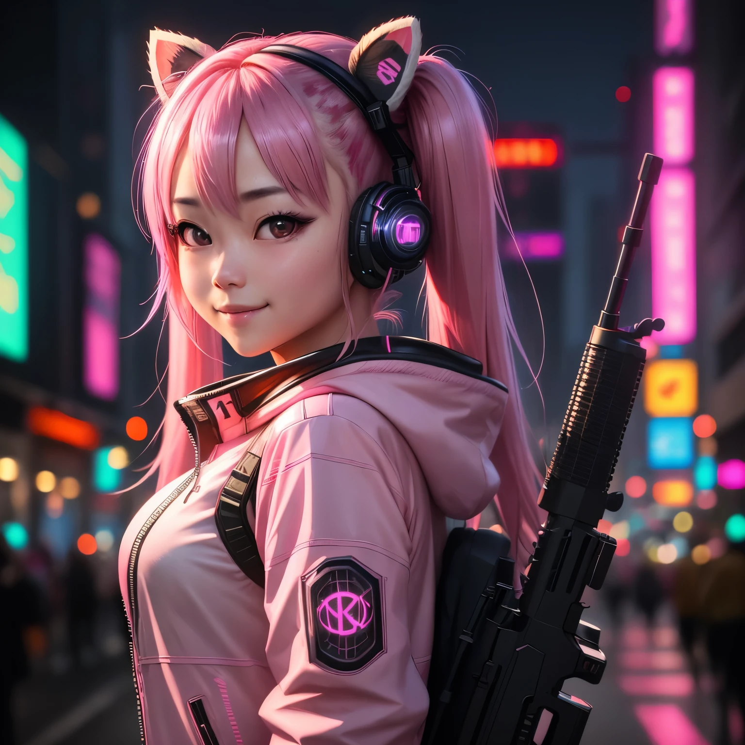 (8k, HDR, RAW photo, best quality, masterpiece:1.2, realistic lighting), close up, an asian girl, solo, smile, (holding a gun), (twintail hair), pink hair, path traced hair, (pink racoon ears), ((pink eyes)), pink headset, nice hands, (thin face), beauty eyes, (cyberpunk:1.3), wearing a pink jacket, mechanical shoulder, neon light, edge lights, look up, upper body.