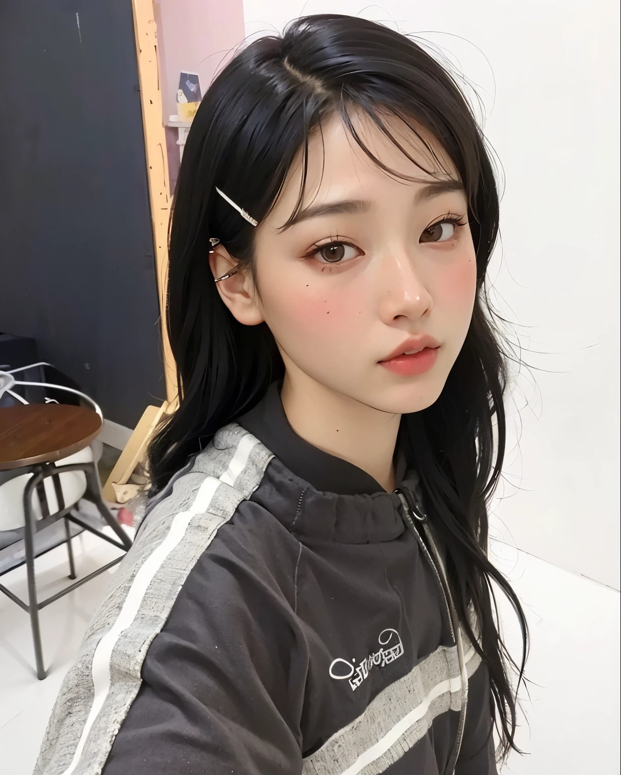 there is a young girl with a hair clip in her hair, ulzzang, jinyoung shin, wan adorable korean face, jaeyeon nam, sakimichan, korean girl, young adorable korean face, kim doyoung, she has black hair with bangs, neat hair with bangs, 8k selfie photograph, young cute wan asian face, xintong chen