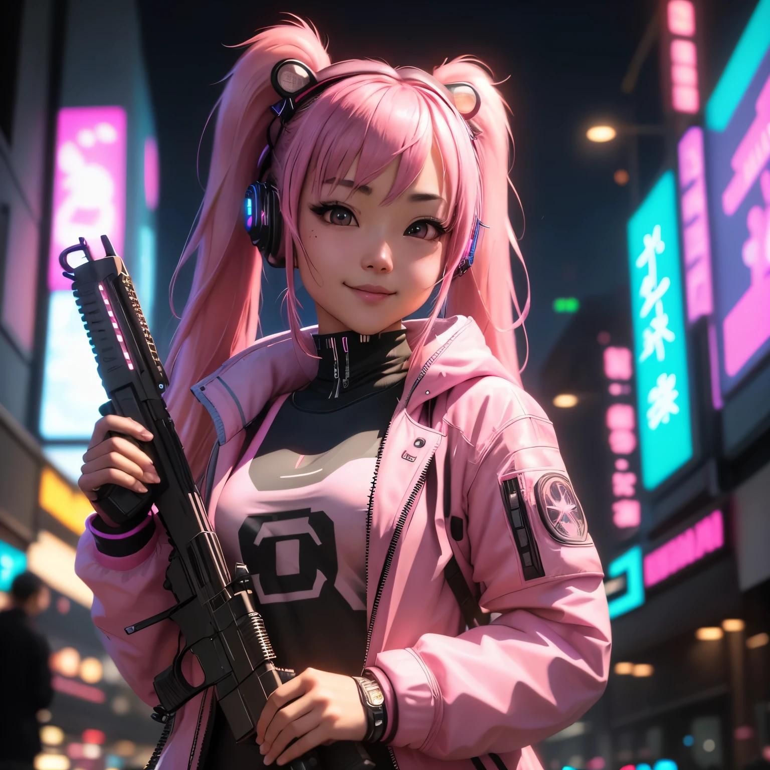 (8k, HDR, RAW photo, best quality, masterpiece:1.2, realistic lighting), close up, an asian girl, solo, smile, (holding a gun), (twintail hair), pink hair, path traced hair, (pink racoon ears), ((pink eyes)), pink headset, nice hands, (thin face), beauty eyes, (cyberpunk:1.3), wearing a pink jacket, mechanical shoulder, neon light, edge lights, look up, upper body.