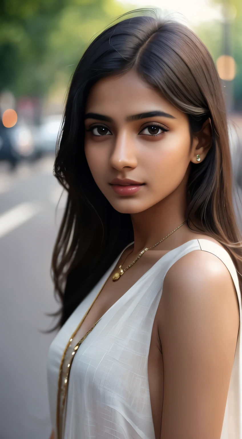young Indian girl, posing for photo, closeup, very close, 18-year-old, gentle sun lighting on face , Urban Mode , new cloths, silk cloth, cloth is transperent , city girl vibe, intricate facial details, full body picture, cinematic pose flawless complexion, top-notch 3D rendering, hyper-realistic, ultra-realistic, shot on Indian road. photorealistic digital art trending on Artstation 8k HD high definition detailed realistic, detailed, skin texture, hyper detailed, realistic skin texture, armature, best quality, ultra high res, (photorealistic:1.4),, high resolution, detailed, raw photo, 400 camera f1.6 lens rich colors hyper realistic lifelike texture dramatic lighting unrealengine trending on artstation cinestill 800, Front View