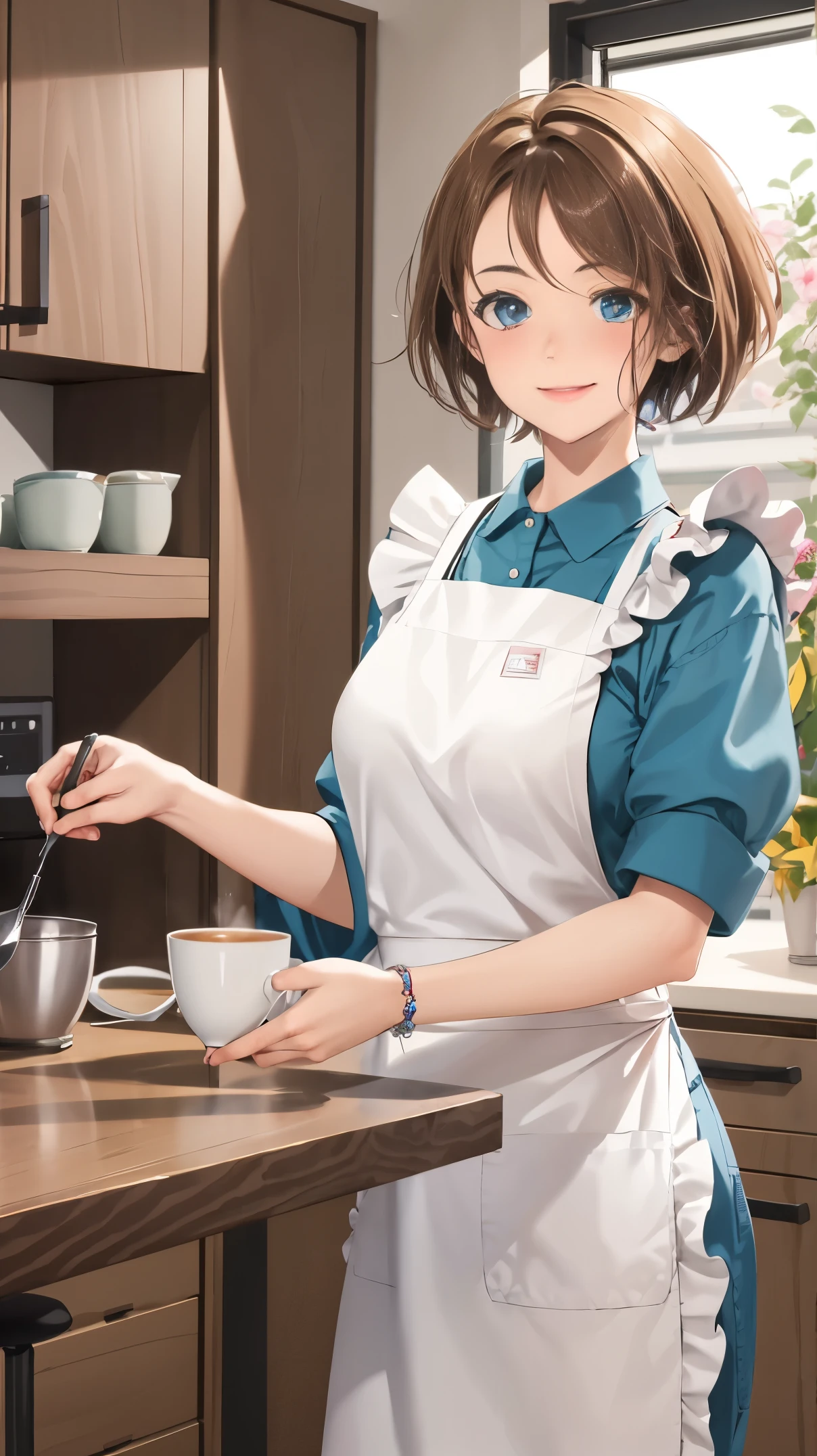 ((best quality)), ((highly detailed)), masterpiece, absurdres, extremely detailed face, beautiful face, (detailed eyes, deep eyes), (1girl), upper body, cookingmama, brown hair, short hair, brown eyes, medium breasts, pink bandana, smiling, (yellow apron), long apron, maxi apron, white collared shirt, sleeves rolled up, blue pants, slippers, white footwear, , indoors, in a kitchen, tea and a coffe in a table