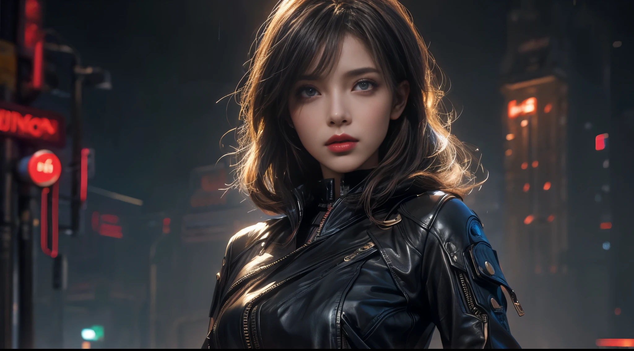 masterpiece，filmposter，Best quality，official art，（Beauty and aesthetics：1.2），（masterpiece：1.3），The cities of the future，cyberpunk characters，a girl，Sexy leather clothing，Off the shoulders，looking at camera，（Close-up shot：1.8），volume fog，rain，night，drama