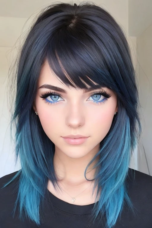 Crear una imagen de una mujer joven con ojos azules, cabello rubio ondulado oscuro