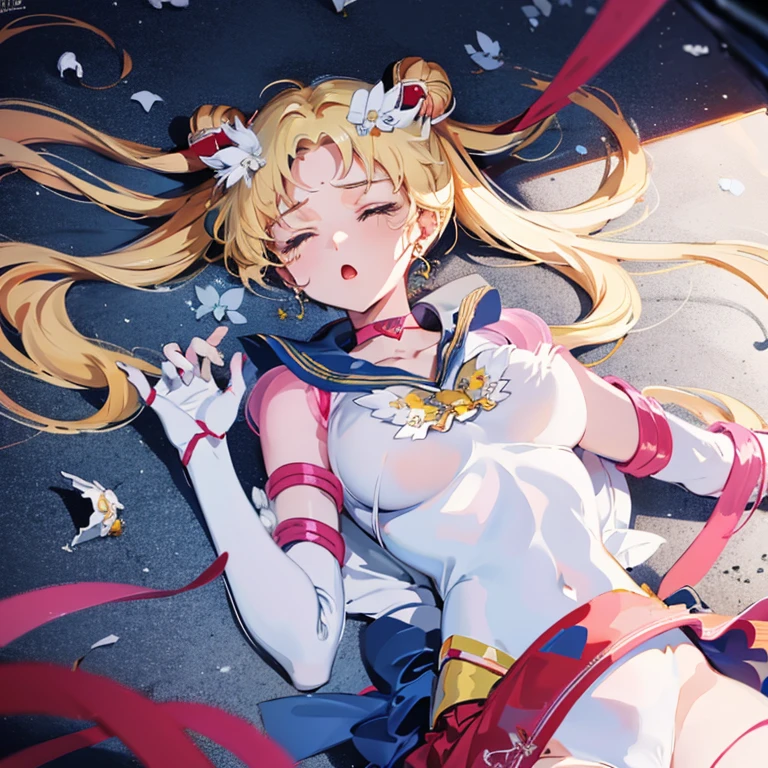 1 girl, solo, corpse, perfect anatomy, laying on ground, eternal sailor moon, masterpiece, best quality, highres, big breast, closed eyes, :o, unconscious, (torn clothes :1.2), nipples, sobbing BREAK red tentacles