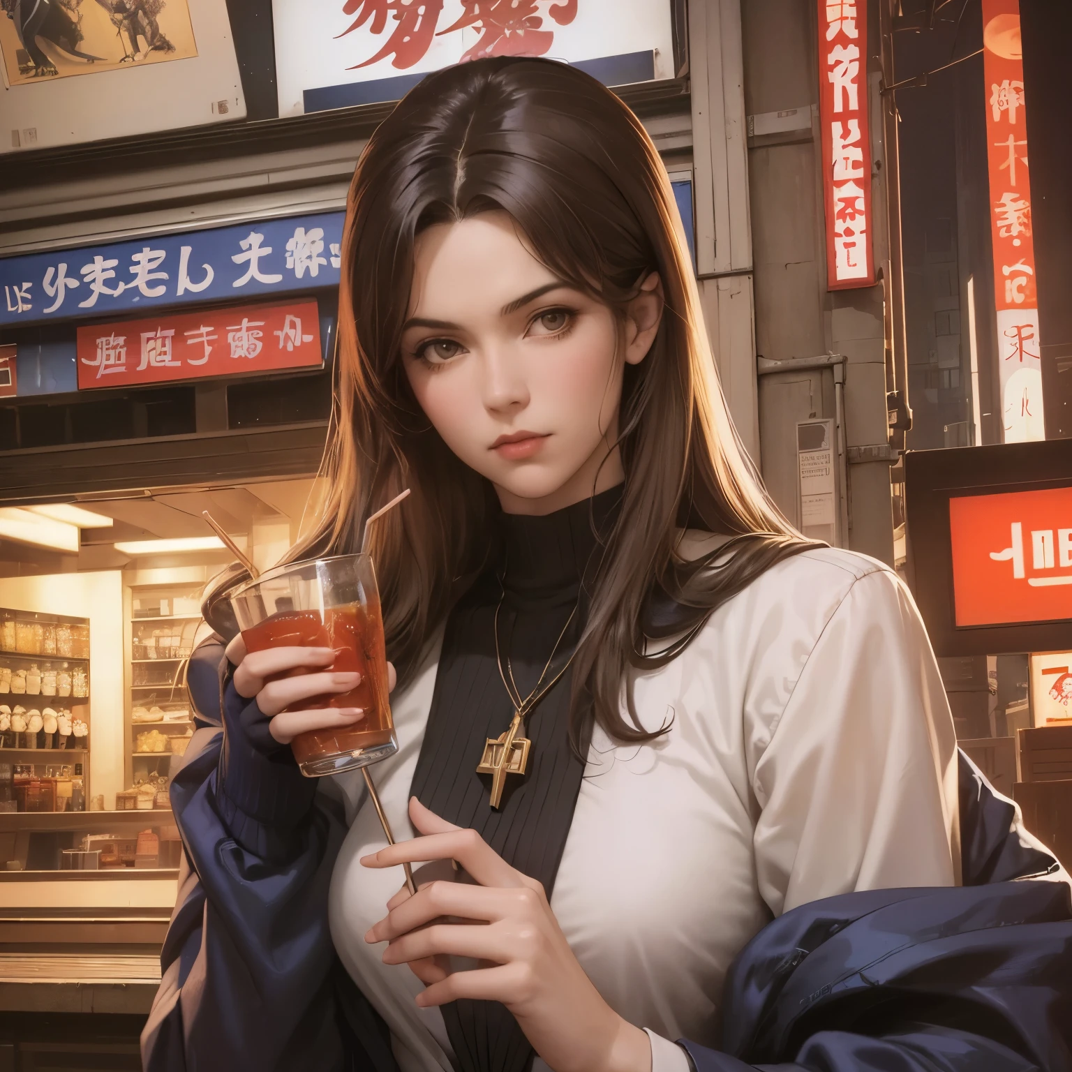 Julie Bell, René Magritte, Surreal, mysterious, bizarre, fantastical, fantasy, sci-fi, Japanese anime, a beautiful girl in a mechanical suit who happily drinks and eats at a yakitori stall in Shinjuku, perfect body, Customers at the store are aliens, monsters, big stuffed bears, etc, detailed masterpiece