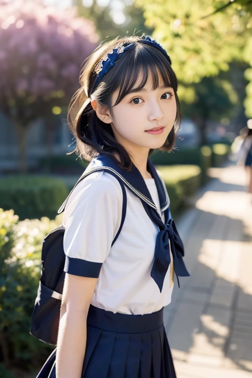 (((masterpiece))), (((full body photo，Walking)))， (one beautiful japanese girl, innocence，cute) ，ultra high resolution, Reality, Super detailed, 8K,highest quality, Extremely detailed, blurry background，slender，(very beautiful japanese girl, detailed face:1.3), ((bob hair,hair band，shiny hair，black hair :1.4)), (，cute系,adorable 10 year operfect body:1.1),(cuteセーラー服、short sleeve sailor suit、navy blue skirt)，((Commuting to schoolカバンを背負っている)))，cute pose，good morning，rosy cheeks，super detailed face、detailed lip、detailed eyes、small gravure idol，transparent skin、Shining beautiful skin，lolita，Japanese high school uniform with school emblem on the chest，(Super high resolution),naive girl、(perfect limbs、perfect anatomy)，Colors and landscapes of youth、premonition of love、Commuting to school、morning