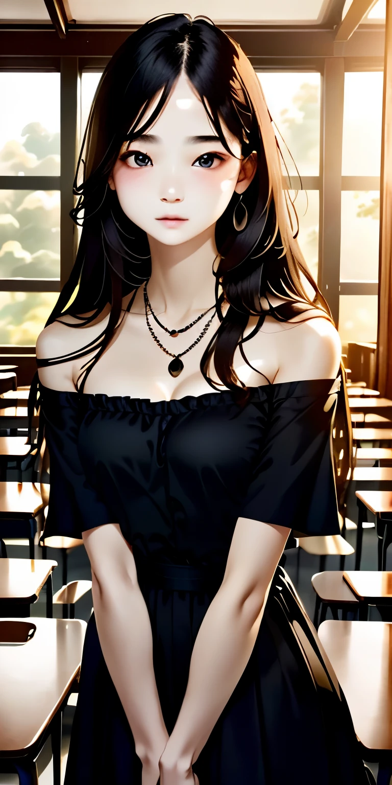 ((beautiful face))、very delicate facial、creamy、masterpiece、1 girl、small breasts、small breasts、small breasts、highest quality、ultra high resolution、(photorealistic:1.4)、whole body、、shine softly、great scene lighting、(inside the classroom)、((black off) -shoulder dress))、look at the audience、necklace