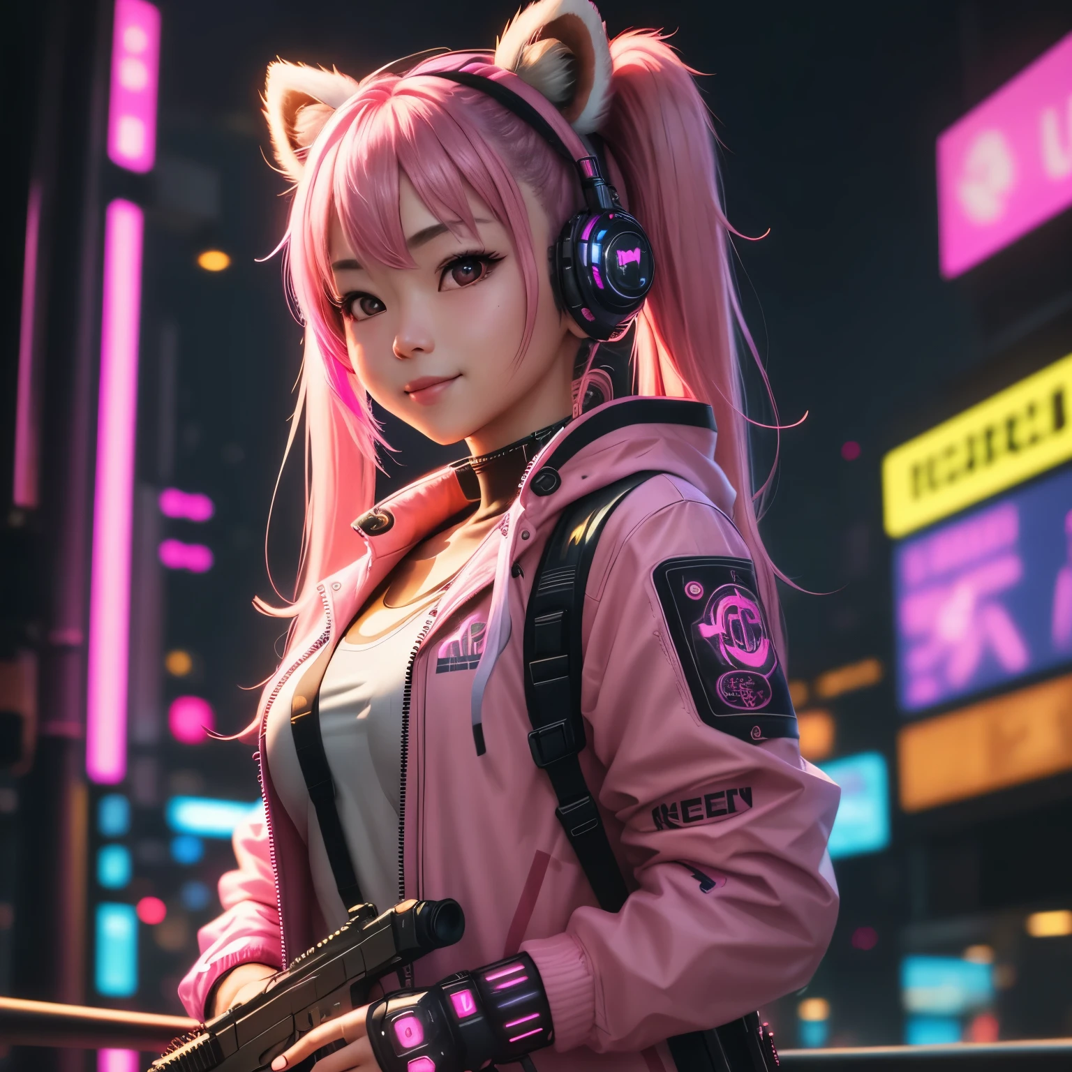 (8k, HDR, RAW photo, best quality, masterpiece:1.2, realistic lighting), close up, an asian girl, solo, smile, (holding a gun), (twintail hair), pink hair, path traced hair, (pink racoon ears), ((pink eyes)), pink headset, nice hands, (thin face), beauty eyes, (cyberpunk:1.3), wearing a pink jacket, mechanical shoulder, neon light, edge lights, look up, upper body.