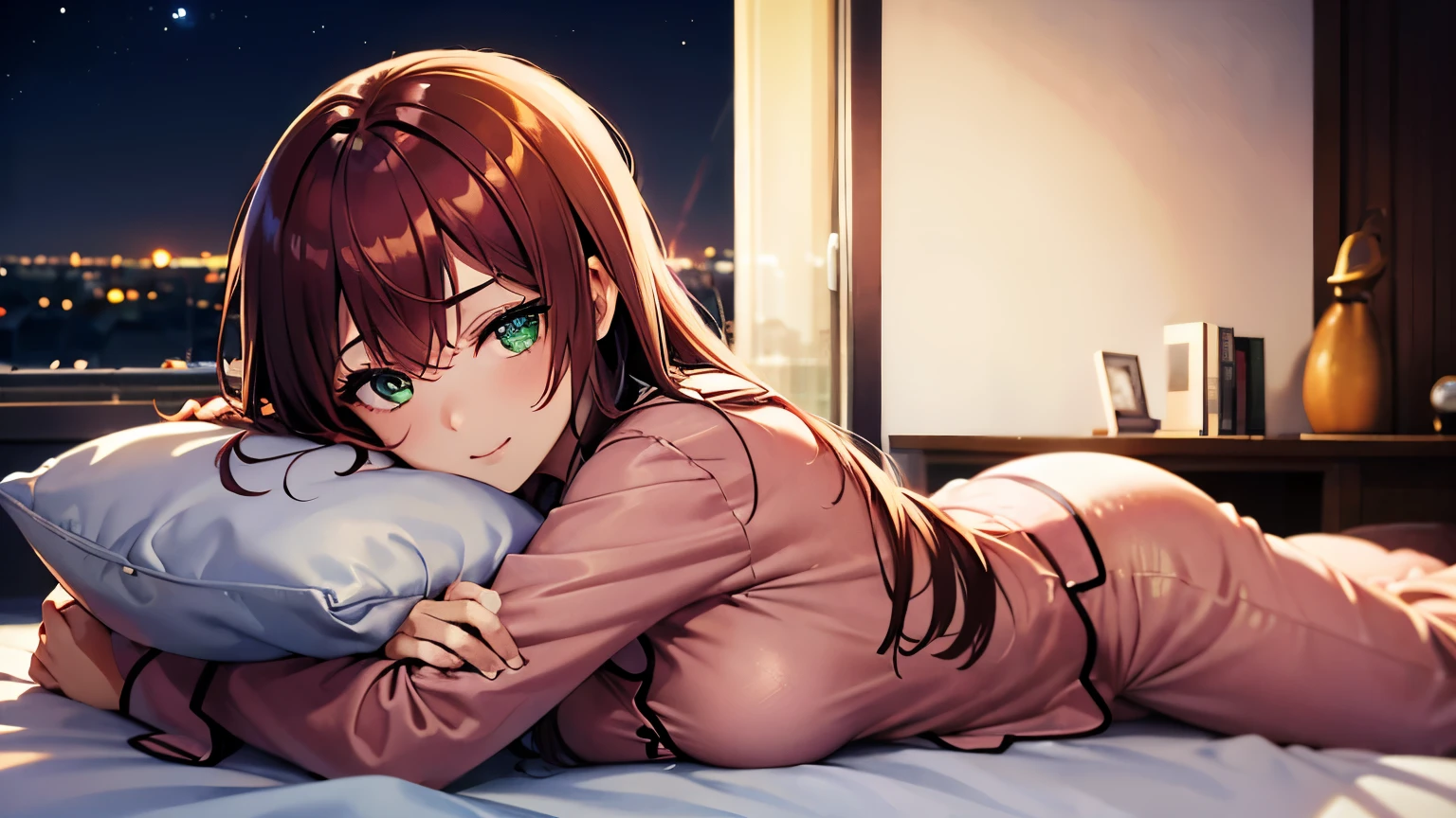 (Best quality), ((1girl)), Anime girl with long hair, Anime Best Girl, pretty anime girl, Seductive Anime Girl, charming anime girl, Cute anime girl, expressive face, Shining eyes, ((tired eyes)), ((looking at viewer)), red hair, green eyes, detailed face, ((baggy pajamas)), ((sleeping)), sleepy, lying down in bed, (big pillow), blanket, comfy, resting pose, hands, (Gentle smile), night, moon light, luminescent light, lights turned off, (pajama pants), Perfect body, side view, curves,