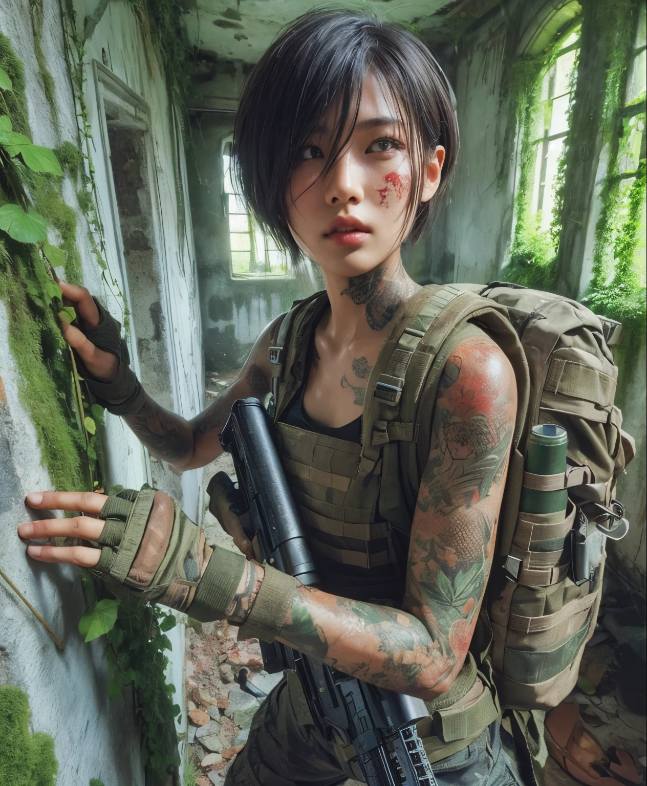 photorealistic、realistic skin texture、automatic rifle、scratch、tattoo