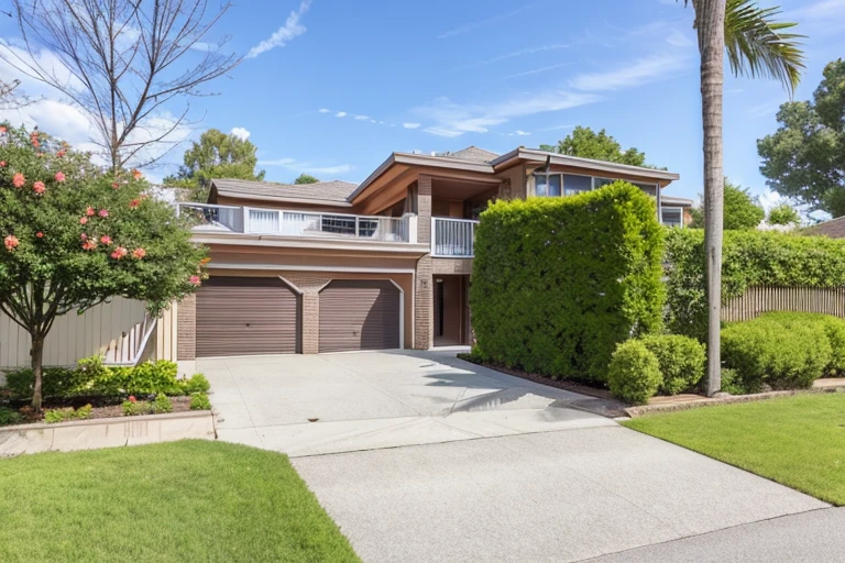 a close up of a driveway with a garage and a tree, real estate photography, f5.6, exterior, immaculately detailed, front view dramatic, front side, 2022, 2 0 2 2, exterior view, 8 1 5, acclaimed masterpiece, outside view, 7 7 7 7, villa, front, a wide full shot, side view