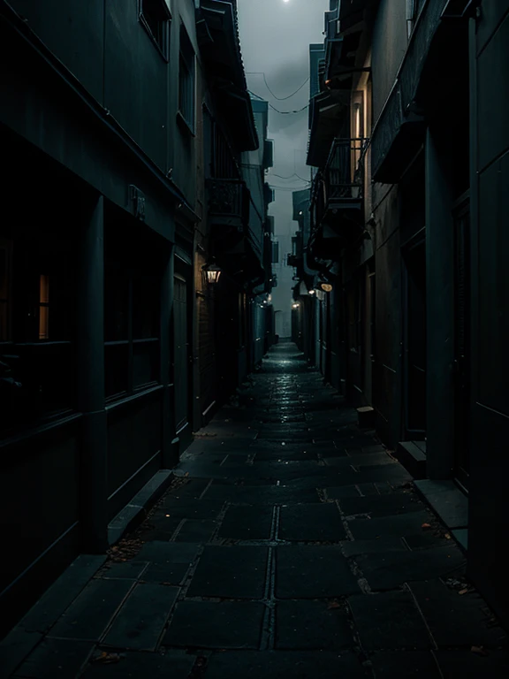 A small moody dimly lit alley at night. Wide angle fine art photography. Mysterious atmosphere.