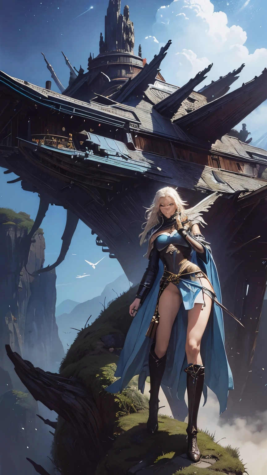 Michael Whelan, Wayne Barlowe, Surreal, mysterious, strange, fantastical, fantasy, Sci-fi, Japanese anime, beyond the asteroid tree, handmade wooden spaceship, miniskirt beautiful pilot, perfect voluminous body, detailed masterpiece