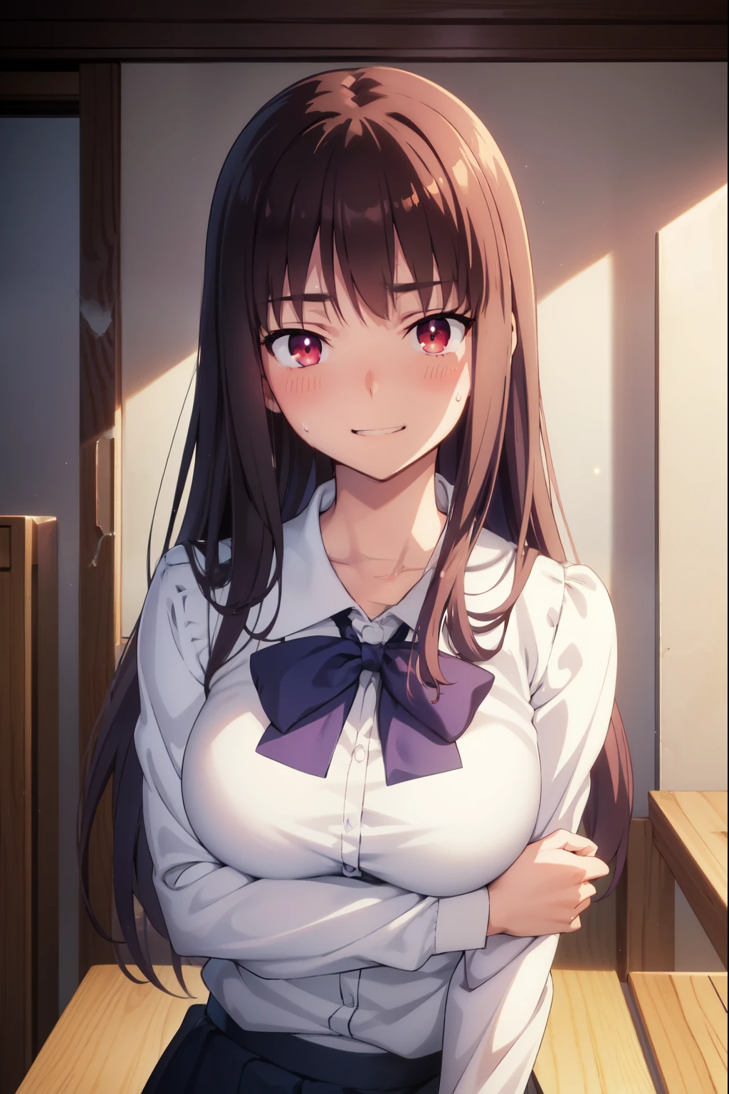sweat on face,sweat on body, full-face blush,corruption,Red Eyes, Purple Hair,Sparkling eyes, looking at viewer, (happy, smirk,smug, teeth,smile ),heavy breathing,Age 18 year, large breasts,black skirt, anime girl in a short skirt and white shirt posing for a picture, an anime drawing by Jin Homura, pixiv, shin hanga, seductive anime girl, beautiful anime high school girl, smooth anime cg art, anime girl with long hair, ilya kuvshinov with long hair, realistic schoolgirl, attractive anime girl