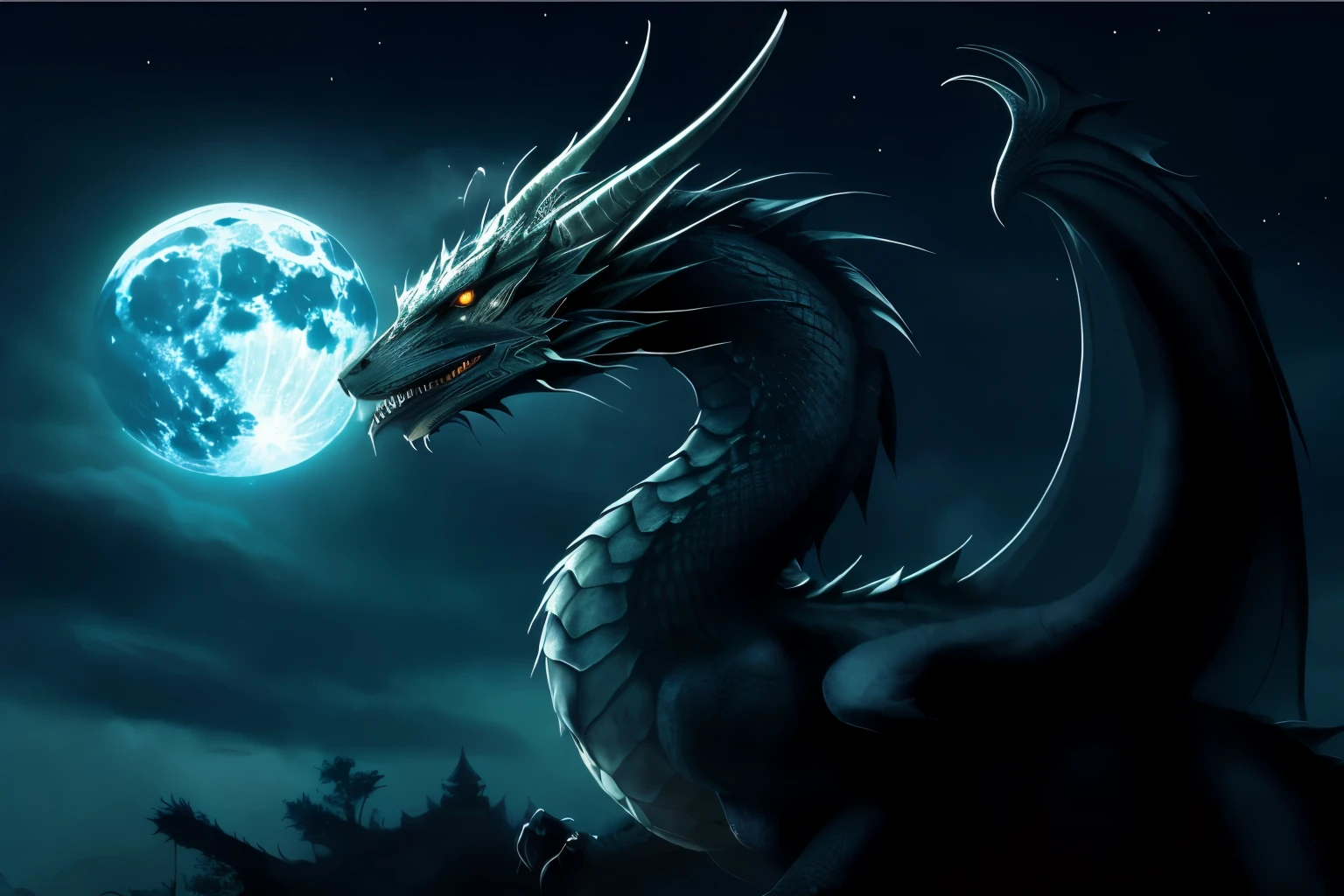 Angry Dragon God、Japan Dragon God、Long-bodied dragon、Rising Dragon、Long horned dragon、Dark moonlit night background、full moon、A dragon god with a snake-like body、Mystical place、dragon without wings、No wings、