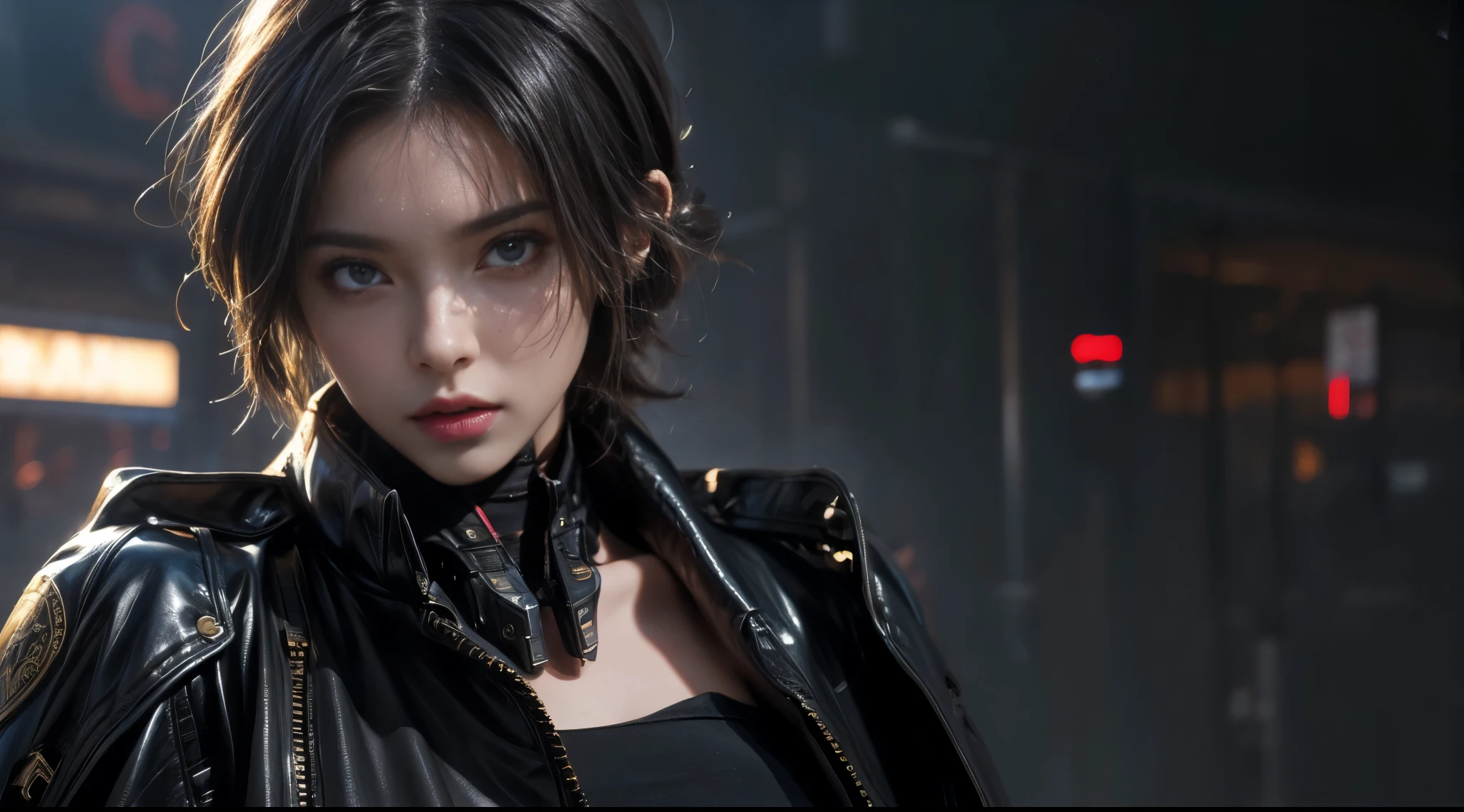 masterpiece,filmposter,Best quality,official art,(Beauty and aesthetics:1.2),(masterpiece:1.3),The cities of the future,cyberpunk characters,a girl,Sexy leather clothing,Off the shoulders,looking at camera,(Close-up shot:1.8),volume fog,rain,night,drama