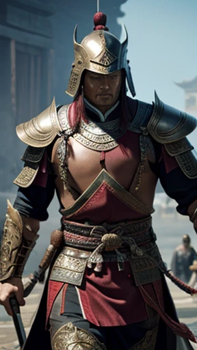 oriental、man in ancient chinese armor、Ancient Chinese man wearing a leather helmet、three kingdom、multiple warlords、highest quality、masterpiece、ultra high resolution、(realistic:1.4)、Game Posters、Clear and beautiful image quality、