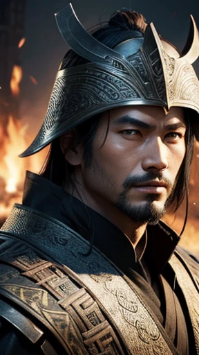 oriental、man in ancient chinese armor、Ancient Chinese man wearing a leather helmet、three kingdom、multiple warlords、highest quality、masterpiece、ultra high resolution、(realistic:1.4)、Game Posters、Clear and beautiful image quality、