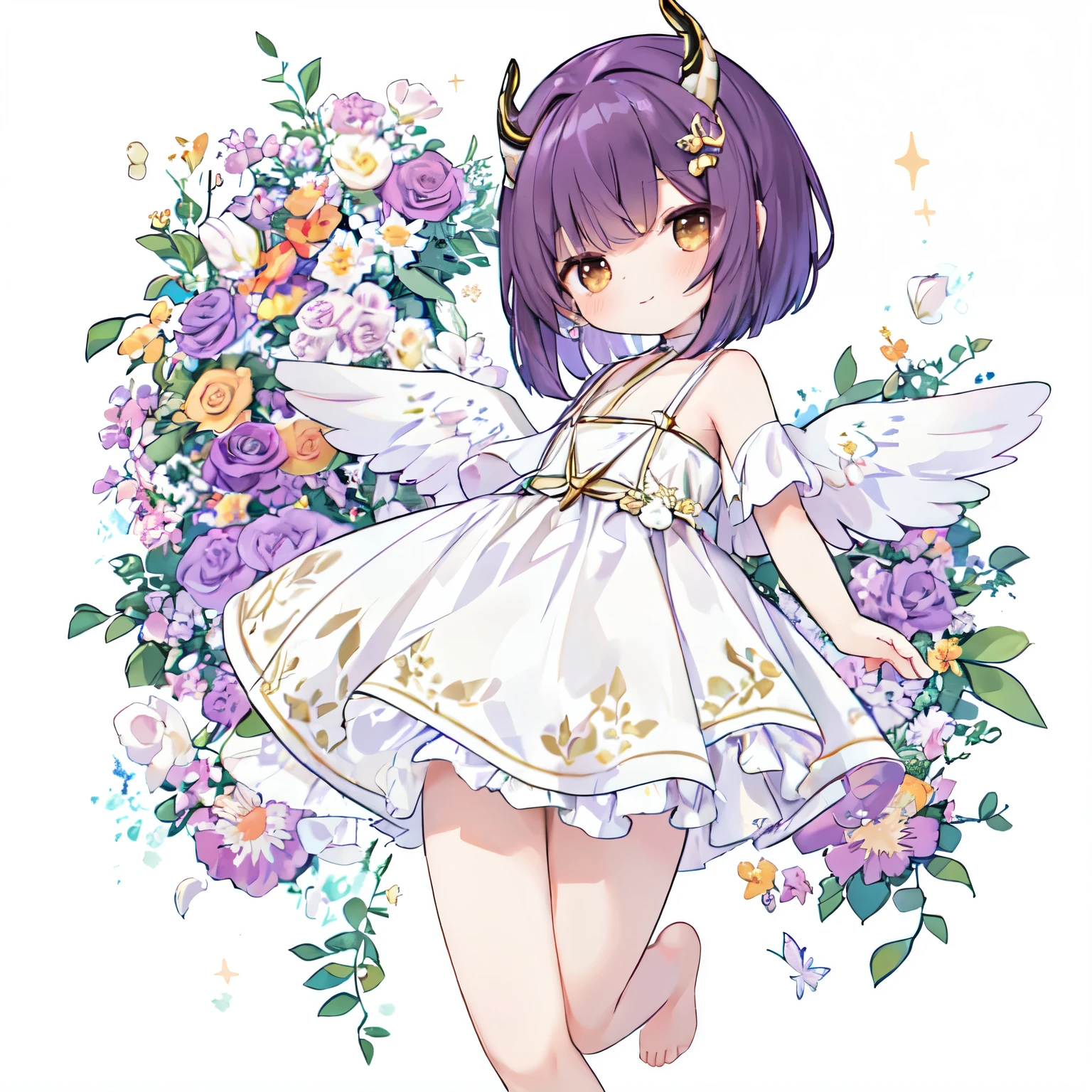 （(with a large bouquet：1.3)），1girl in, Solo, Barefoot, Hair Ornament, Smile, Dress, Horns, White background,  background, Brown eyes, hair clips, White Dress, Short hair, blush,, From the side、 Purple hair, Looking at Viewer, Arms up, Standing, Closed mouth, child, Wings, with floral pattern, (Glitter),, jumpping,looking left：1.0
、 ,厚手のウールガウン:0.4