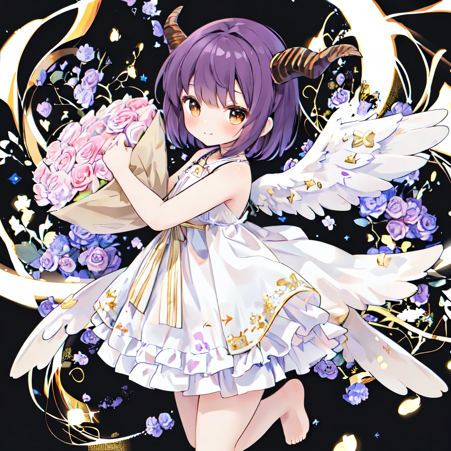 （(with a large bouquet：1.3)），1girl in, Solo, Barefoot, Hair Ornament, Smile, Dress, Horns, White background,  background, Brown eyes, hair clips, White Dress, Short hair, blush,, From the side、 Purple hair, Looking at Viewer, Arms up, Standing, Closed mouth, child, Wings, with floral pattern, (Glitter),, jumpping,looking left：1.0
、 ,厚手のウールガウン:0.4