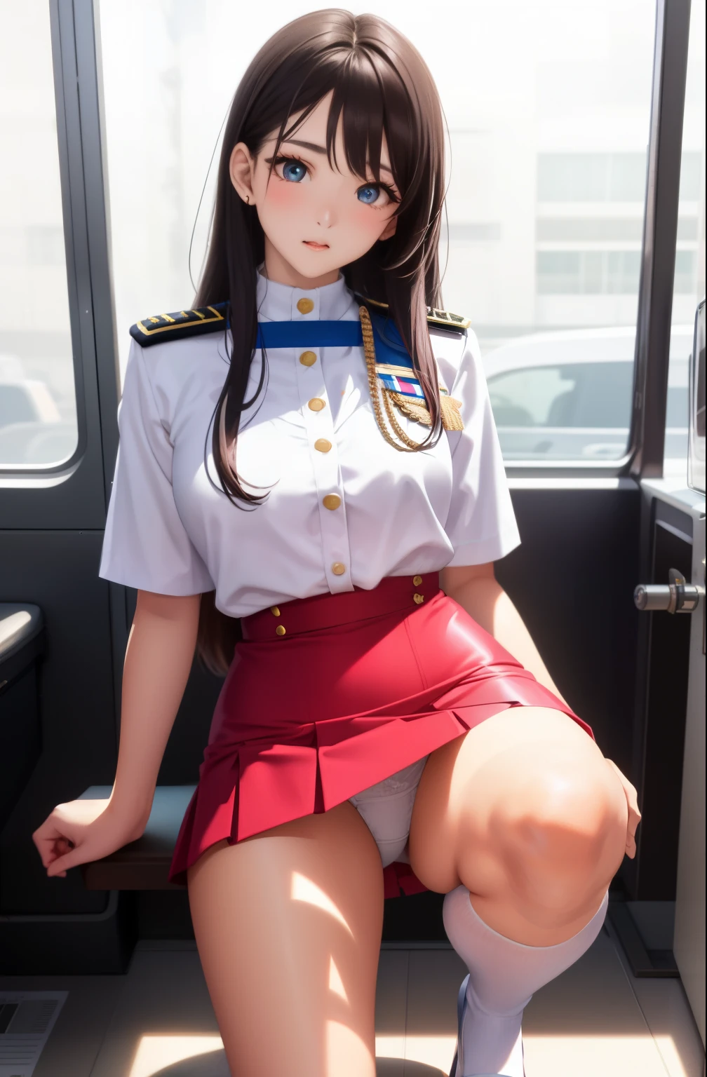1 girl, sayla mass, It's elegant, muste piece, complicated, Army pink uniform dress with a super miniskirt so short you can almost see your pants.........、Pure white panties、Please squat down and show me your white panties.........、Super miniskirt You can see the pants in the miniskirt、white panties、Reality, best quality, disorganized, high face detail, Perfect eyes, 18 years old, cowboy shot, realization、, vivid colors, Pink Uniform, Skirt、Photography、Gravure photography style、Real Images、Highest image quality、1 girl, sayla mass, It's elegant,Spread Leg,Show white panties, muste piece, complicated,Ultra mini skirt、white panties、 Reality, best quality, disorganized, high face detail, Perfect eyes, 18 years old, cowboy shot, , vivid colors, White uniform, Skirt