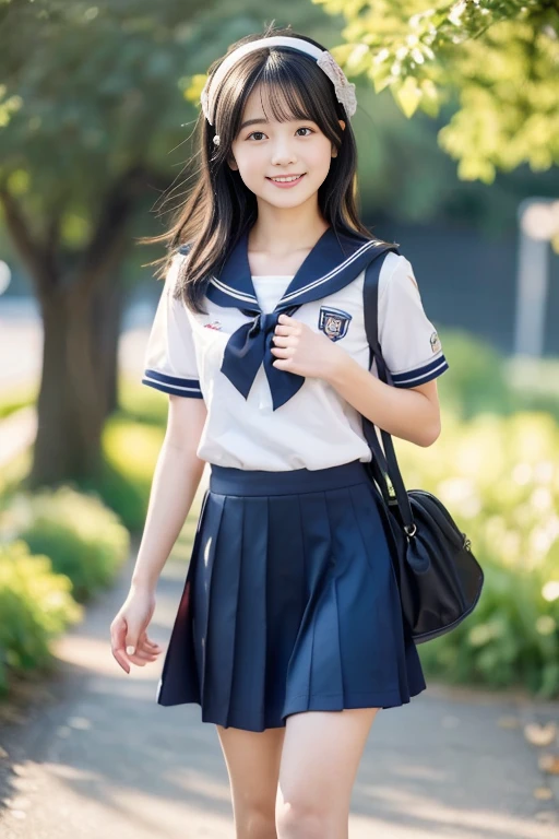 (((masterpiece))), (((full body photo,Walking))), (one beautiful japanese girl, Innocence,cute) ,ultra high resolution, Reality, Super detailed, 8K,highest quality, Extremely detailed, blurry background,slender,(very beautiful japanese girl, detailed face:1.3), ((bob hair,white hair band,shiny hair,black hair :1.4)), (baby face,cute系,adorable 10 year old girl), (perfect body:1.1),(cuteセーラー服、short sleeve sailor suit、navy blue skirt),((commuting to schoolカバンを背負っている))),cute pose,cheerful look,good morning,rosy cheeks,super detailed face、detailed lip、detailed eyes、small gravure idol,transparent skin、Shining beautiful skin,lolita,Japanese high school uniform with school emblem on the chest,(Super high resolution),naive girl、(perfect limbs、perfect anatomy),Colors and landscapes of youth、premonition of love、commuting to school、morning