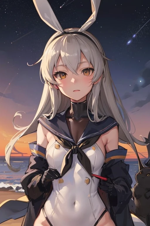 hyper detailed, perfect anatomy, extremely detailed and delicate, 1 girl, shimakaze(kancolle), 1 black cat, night sky, stars, milkyway, hugging a black cat,