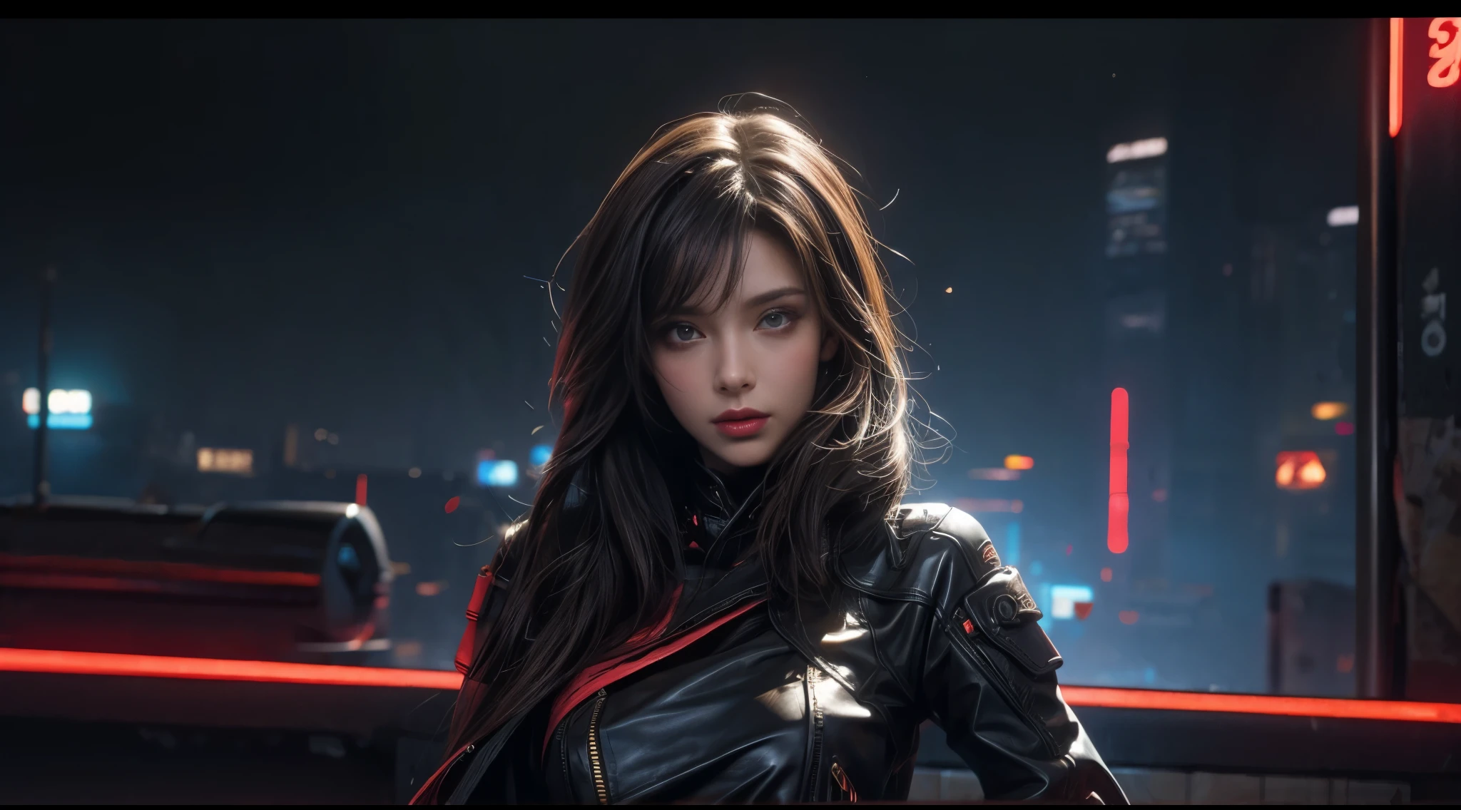 masterpiece,filmposter,Best quality,official art,(Beauty and aesthetics:1.2),(masterpiece:1.3),The cities of the future,cyberpunk characters,a girl,Sexy leather clothing,Off the shoulders,looking at camera,(Mid-range lens:1.8),volume fog,rain,night,drama