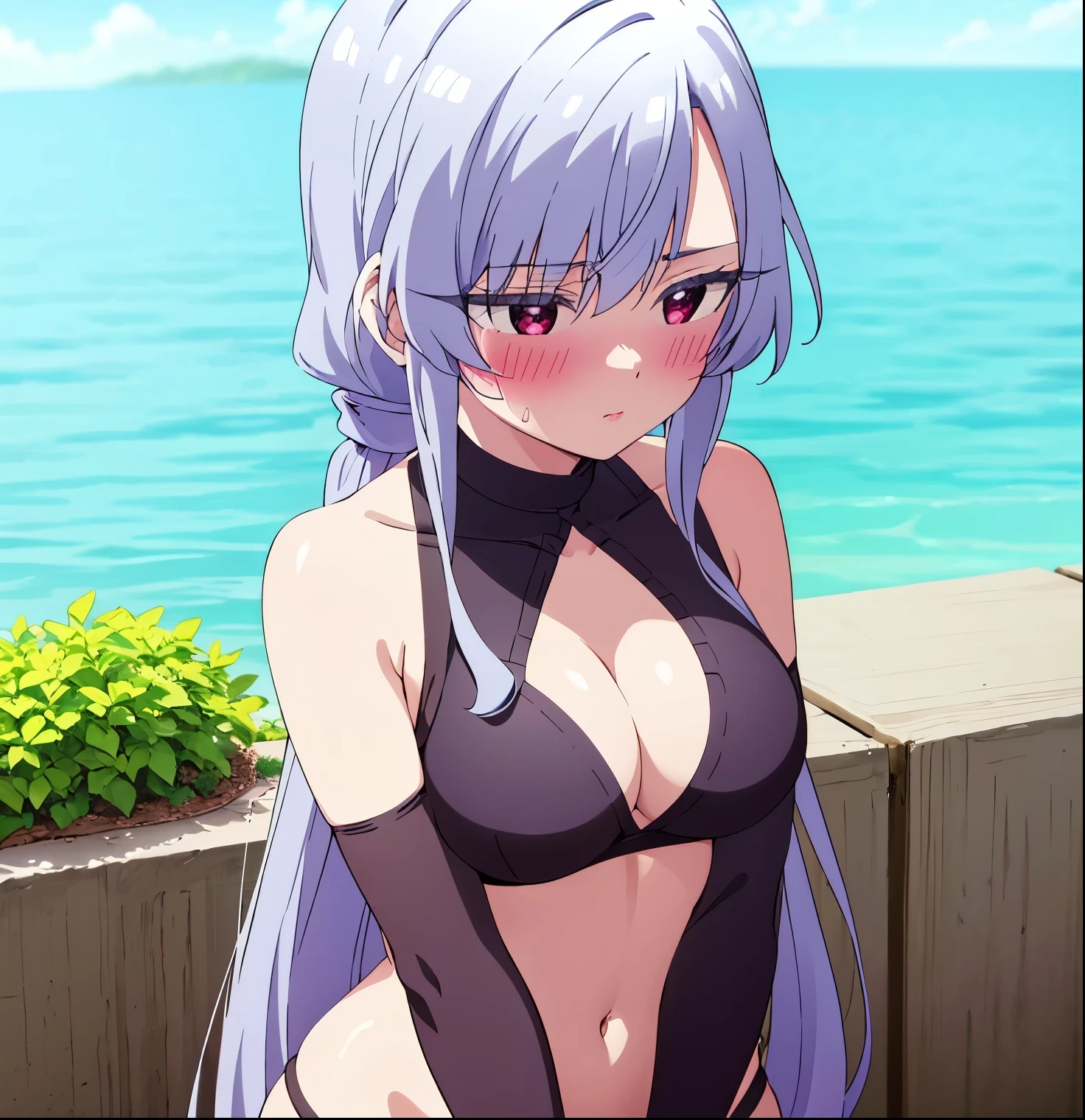 1girl, alone,  Eiai Nano,outdoors, beach, looking at viewer, (masterpiece:1.2), best quality, high resolution, unity 8k wallpaper, (illustration:0.8), (perfect hands, perfect anatomy), (blush:1.5), shiny hair, shiny skin, medium breasts, nano eiai, grey hair, single braid, braided ponytail, long sidelocks, black purple bikini, halterneck, cleavage cutout, bare shoulders, large breasts, cleavage, navel, groin,, medium breasts, medium waist, wide hips, medium thighs, good anatomy, good hands